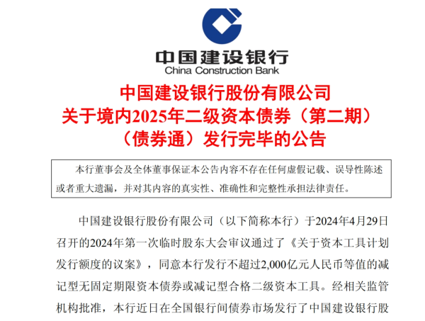粤友优配 建设银行发行450亿元二级资本债券（第二期）